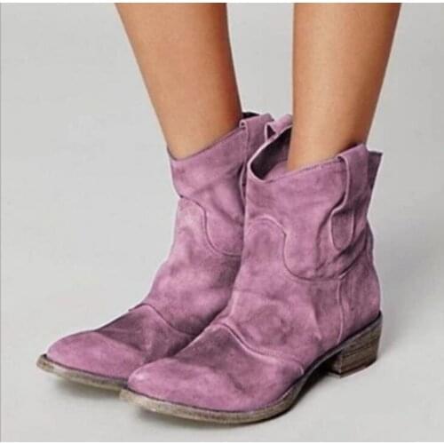 2021 Women Ankle Boots Winter Suede Square Heel Pointed Toe Vintage Boots Women Botas Mujer Female Ankle Slip-on Cowboy Boots