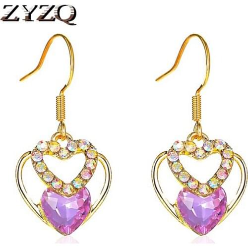 ZYZQ Fashion Female Earrings Purple Zircon Heart-Shaped Brincos Cute For Women Hanging Dangle Earring Wholesale Lot Bulk Jewelry