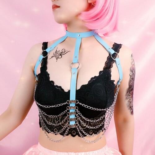 Leather Harness Bondage for Women Blue Pastel Goth Handmade Harness Bra Suspenders Lingerie Punk Body Chain Tassels Straps Rave