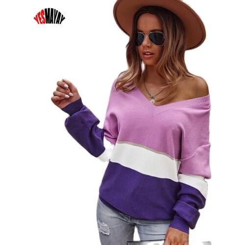 Womens Oversize Sweater Knitted Autumn Winter V Neck Casual Striped Knit Pullover Tops Femme 2021 Long Sleeve Sweater for Women