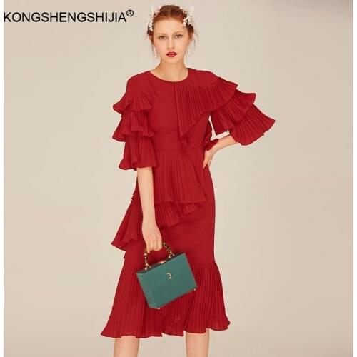 Vintage Ruffles Designer Women Dress Pleated clothing Autumn New Fashion party Ladies Red ukrain Long Chiffon Dresses