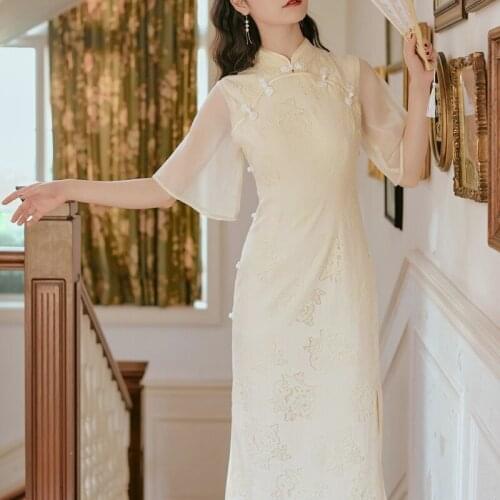 Chinese Style Cheongsam Floral Dresses Woman 2021 Elegant Mesh Lace Qipao Dress Women Vintage Dress Robe Femme Vestidos