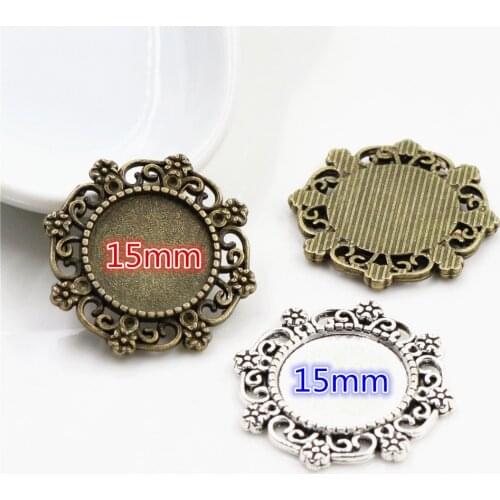 10pcs 15mm Inner Size Antique Bronze And Silver Plated Flower Style Cabochon Base Cameo Setting Charms Pendant