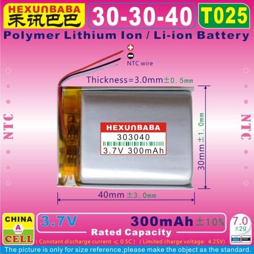 10pcs [T025] 3.7V,350mAH [303040] NTC;Polymer lithium ion / Li-ion battery for dvr,mp3,mp4;cell phone,speaker,GPS,MP5