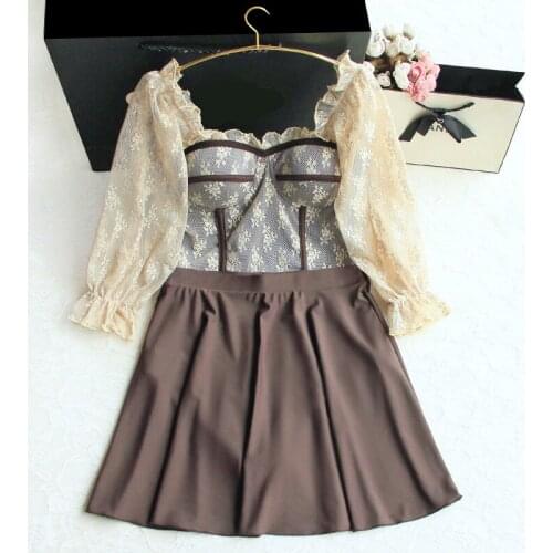 2021 Women Retro One Piece Swimwear Patchwork Push Up Bathing Suit Swimming Beach Wear Ladies Sexy Bandage Swimsuit with Skirt