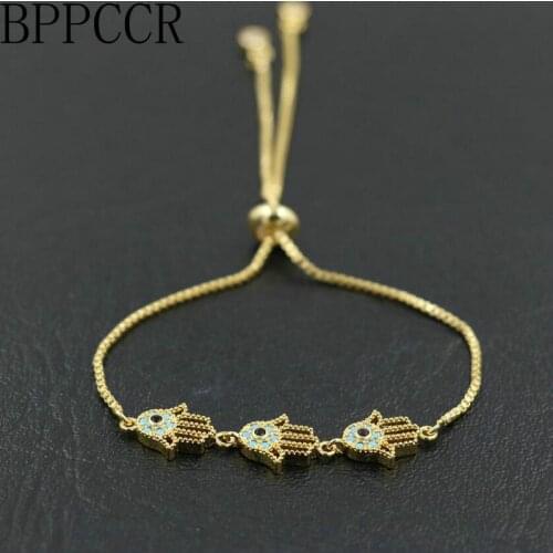 BPPCCR Color Zircon Crystal Three Hands Fatima Hamsa Hand Bracelet Blue eye Men Women Lovers Lucky Mujer Hombre Pulseira