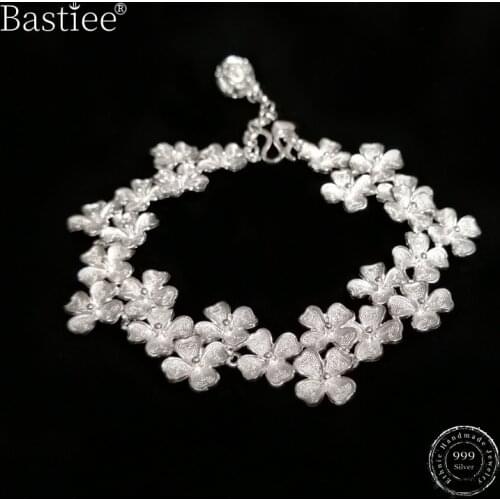Bastiee 999 Sterling Silver Flower Bracelets For Women Charm Bracelet Femme Hmong Handmade Vintage Luxury Jewelry Hand Chain