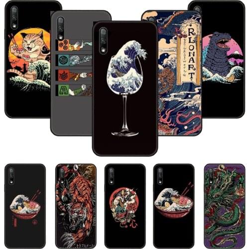 Phone Case For Huawei Honor 9X 10 9 20 8X 8A 8S 7X 7A i A Pro Play Lite Black Cover Coque 3D Japanese Cartoon Animal Sushi Wave
