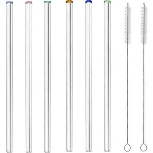 Colored glass mouth Glass Reusable Smoothie Drinking Straws with Colored Tips, Set of 6 20cm*10mm with 2 Cleaning Brushes