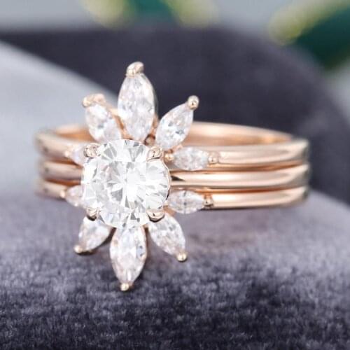 EDI 14k Rose Gold Flower Sunshine Shape Bridal Wedding Set Round Brilliant Moissanites Engagement Promise Ring For Women