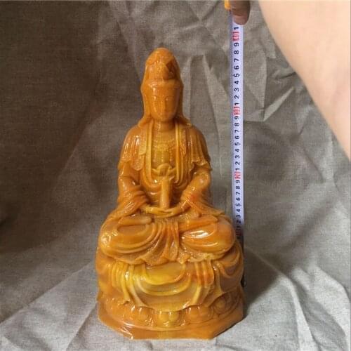HOT SALE gift -38cm LARGE # high-grade HOME efficacious Talisman Mascot Guan yin Buddha Natural yellow jade carving Sculpture