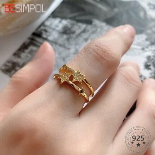 Besimpol Real 925 Sterling Silver Rings Fashion Temperament Star Double Layers Rings for Women Minimalist Fine Jewelry Gifts