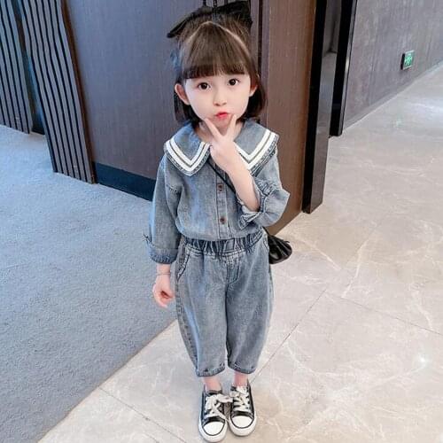 Girls Back To School Outfit Blue Denim Sailor Collar Jackets + Pants Two Pieces Toddler Fall Clothes Christmas Kids Sets
