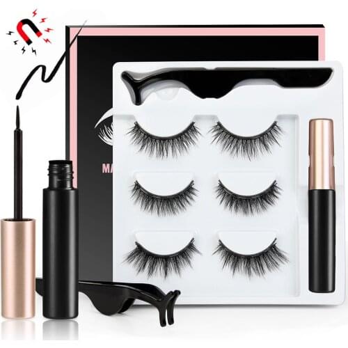 Magnetic Eyelashes 3D Mink Fake Eyelash Magnet Eyeliner Mink Fake Eyelash Waterproof Liquid Tweezers Set Long Lasting Eyelash