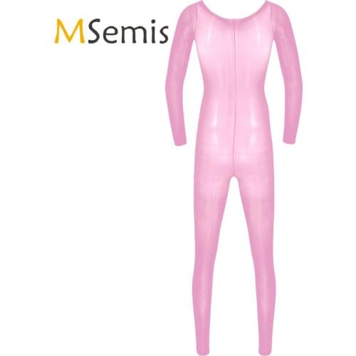 Mens Erotic Sexy Glossy See-through Bodystocking Gay Male Transparent Full Bodysuit Round Neck Long Sleeve Stretchy Leotard