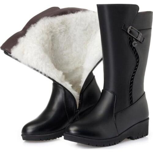 2021 New Winter Women Boots Flat Wedges Cow Leather Boots Plus Velvet and Wool Snow Boots Fashion Shoes Large Size In-tube Boots