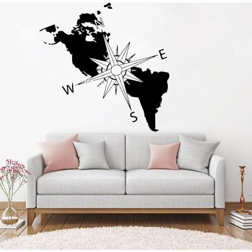 New Design America Continent Map Wall Decal Navigation Compass Wall Stickers For Bedroom office American Vinyl Art Decor LC1094