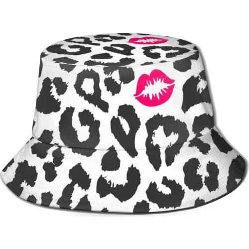CINESSD Black And White Leopard Texture With Kiss Bucket Hat Summer Hats Fisherman Hat Foldable Women Men Sunscreen Shade Caps