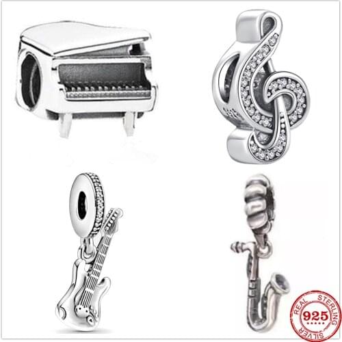 2021 New Fashion Silver 925 Piano Note Guitar Charm Bead Pendant Fit Original Pandora Bracelets DIY Fine Sterling Jewelry Gift