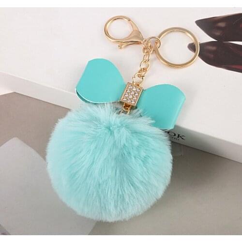 Pompom Keychain Trinkets Leather Bow Rhinestone Keychain Charm Pompon Fluffy Faux Rabbit Fur Ball Women Car Bag Key Chains