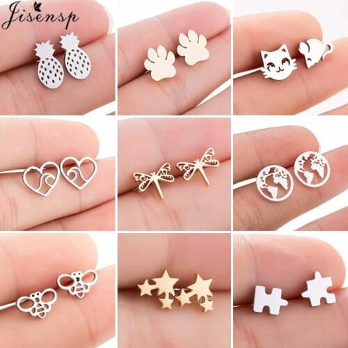 Multiple Stainless Steel Stud Earrings Women Everyday Jewelry Cute Wave Bee Puzzle Earings Round World Map Pendientes 2021 Gift