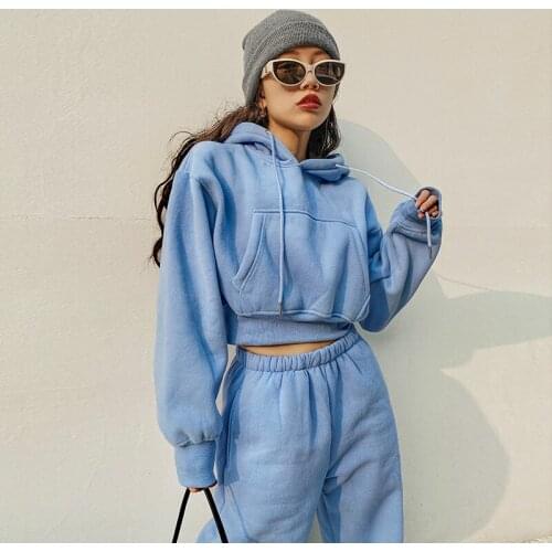 TVVOVVIN Winter Korean Hooded Loose Plush Thickened Wide Leg Pants Sportswear Short Hoodie Casual Two Piece Suit Women Top WPL6
