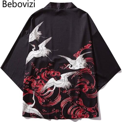 Bebovizi Japan Style Crane Printed Black Thin Kimono Men Japanese Streetwear Vintage Cardigan Jackets Casual Outerwear 2019