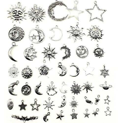 WYSIWYG 40g Antique Silver Color Zinc Alloy Random Mix Styles Sun Moon Star Charms DIY Handmade Craft For Jewelry Making