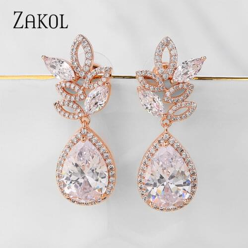ZAKOL Temperament Women Wedding Engagement AAA CZ Water Drops Leaves Cubic Zirconia Bridal Dangle Earrings Jewelry Gift