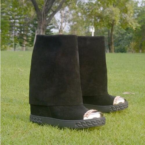 Hot Woman Black Suede Gold Metal Toe 8 CM Wedge Boots Height Increasing Round Toe Mid-calf Fold Casual Slip On Boots