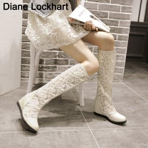 Womens Breathable Mesh Cool Boots Lace Upper High Heels Woman Casual Knee Boots White Summer Female Wedge Shoes big Size 34-43