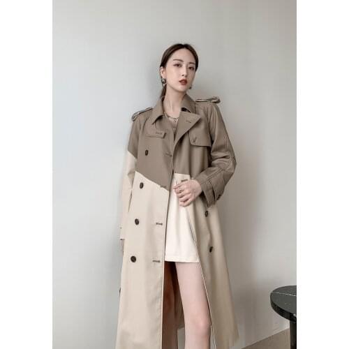 2021 New Runway Brand Womens Fall Winter Trench Coat Korean Fashion Contract Color Patchwork Belted Maxi Windbreaker Outerwear