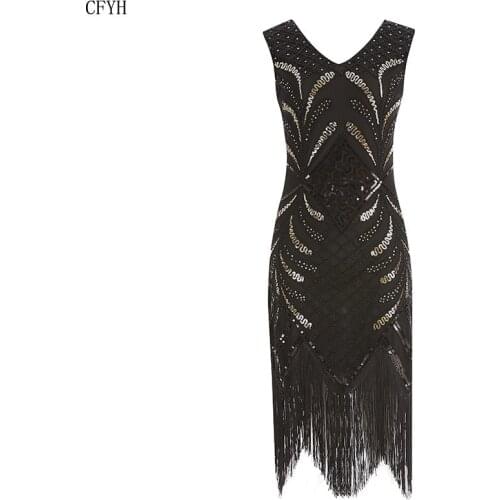 Women 1920s Flapper Dress Art Deco Great Gatsby Dress Vestidos V-Neck Sleeveless Flower Embroidered Tiered Fringe Sequin Dress