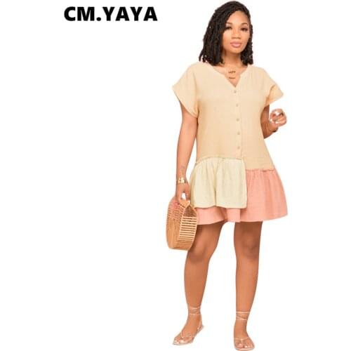 CM.YAYA Women Dress Patchwork Short Sleeve Single Breasted Ruffles Asymmetrical Loose Mini Dresses Fashion Streetwear Summer