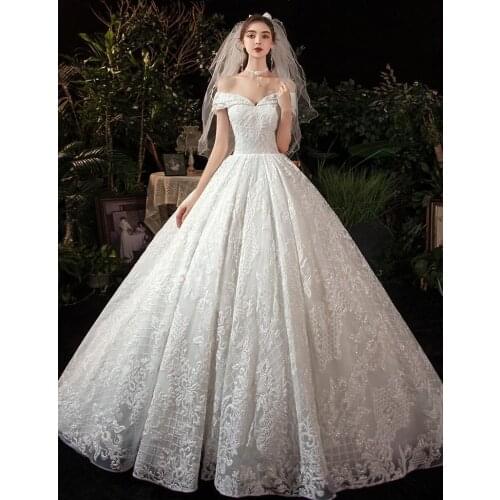 GY Wedding Dress 2021 Vestido De Noiva Elegant Boat Neck Wedding Gown With Train Princess Luxury Lace Robe De Mariee