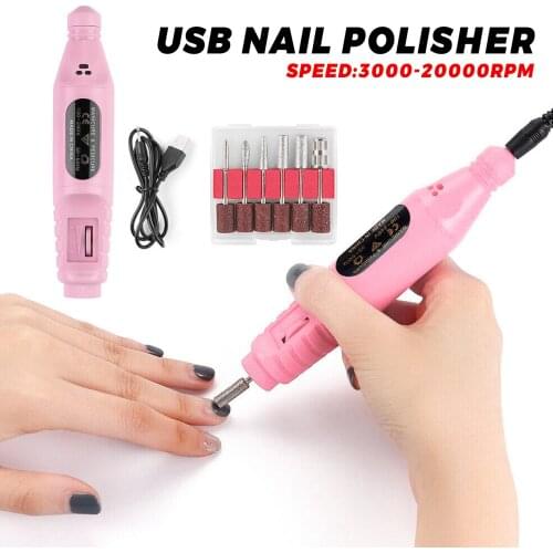 20000 RPM USB Electric Manicure Drill Set With 6 Bits Sanding Buffer Nail Files Mill Cutter Machine Gel Polish Pedicure Tool