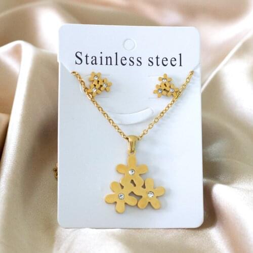 316L Stainless Steel Cubic Zirconia Flower Pendant Necklace and Stud Earrings Stainless Steel Jewelry Set for Women Girl Party