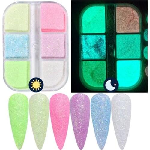 6 Colors Luminous Nail Powder Glow in The Dark Neon Pigment Sequins Nail Art Glitter Nail Art Supplies for Women Girls