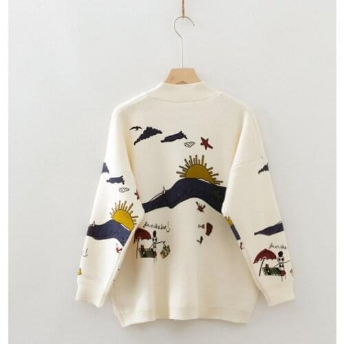 BoozRey Autumn 2021 Cute Printing Japanese Style All-match Long-sleeved Knitted Jacket Spring New Loose Cardigan Sweater Women