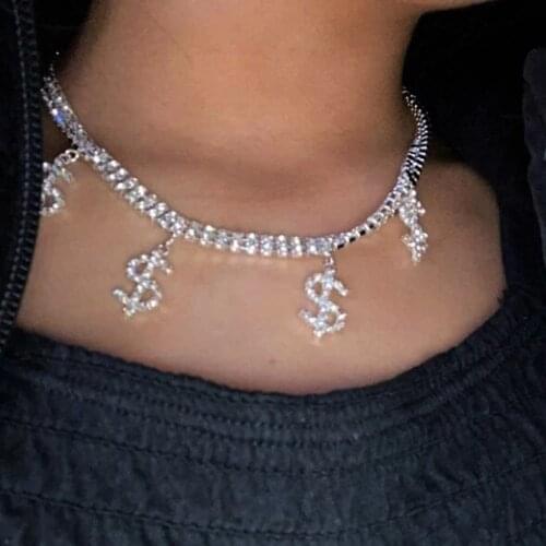 JUST FEEL Fashion Crystal Dollar Sign Necklace for Women Charm Neck Chain Paved Rhinestone Pendant Choker Necklace 2021 Jewelry