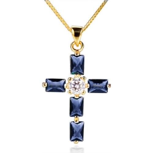 MOONROCY Gold Color CZ Blue Crystal Pendant Necklace Cross Chokers for Women Girls Dropshipping for Women Girls Jewelry Gift