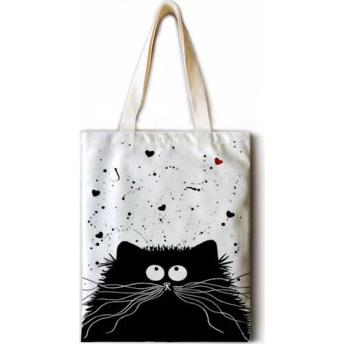 INS black and white cat printed cotton and linen shoulder bag reusable shopping bag ladies handbags handbags with pockets