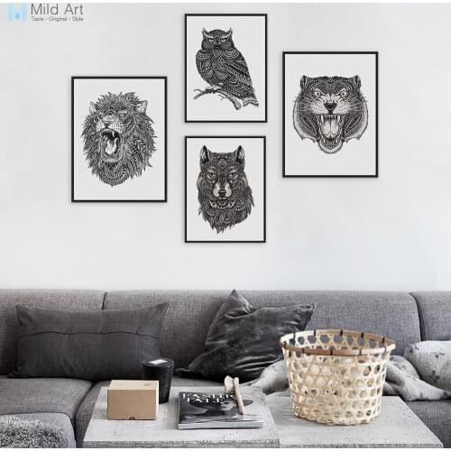 Black White Abstract Animal Head Lion Tiger Poster Nordic Living Room Wall Art Print Picture Home Decor Canvas Painting Custom