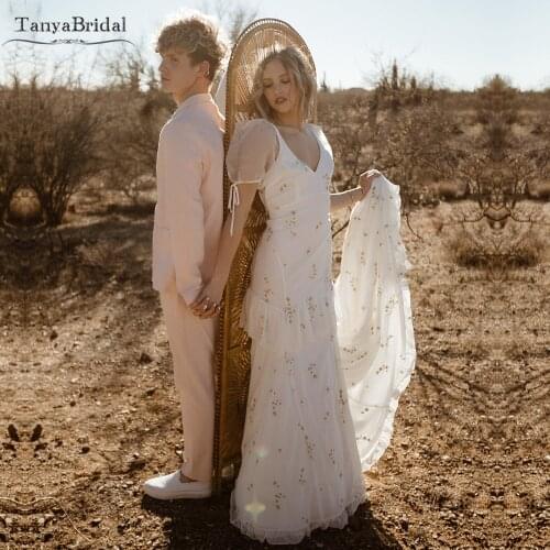 Flower Emboridery Tulle Wedding Dresses Puff Sleeve Mermaid Backless Bridal Gowns Boho Vestido De Noivas DW561