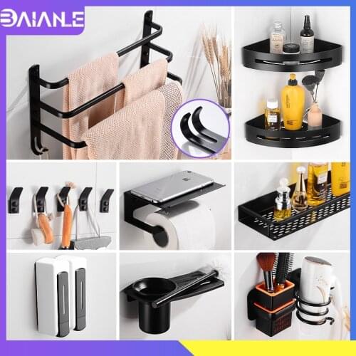 Towel Holder Black Towel Rack Hanging Holder Aluminum 3 Layer Towel Bar Robe Hook Corner Bathroom Shelf Shampoo Shower Organizer