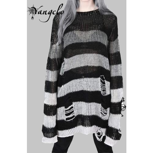 Punk Gothic Cool Male Striped Long Sweater Man Stretch Thin Pullover Broken Sweaters Hollow Out Slit Spring KnitTop Jumpers 2021