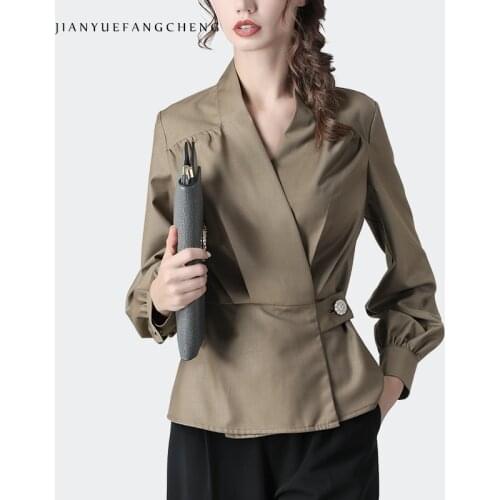 Elegant Ladies Khaki Shirt Long Sleeve V-Neck Slim Single Button Cardigan 2020 Spring New Women Office Work Wear Top And Shirts