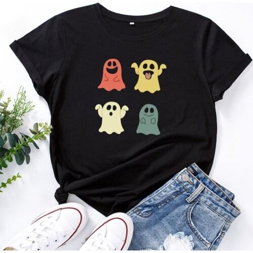 Summer 100%Cotton Harajuku Tops Halloween Ghosts Printed TShirt Women T-Shirt Female O Neck Short Sleeve Tees