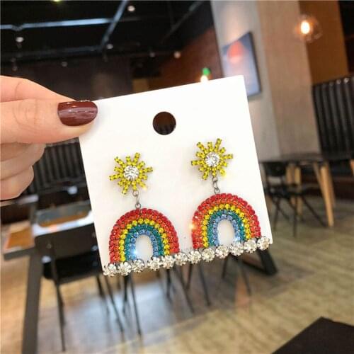 LOVOACC Stylish Full Rhinestones Rainbow Earrings for Women Exaggerated Sun Flower Hanging Drop Earrings Charm Holiday Jewelry