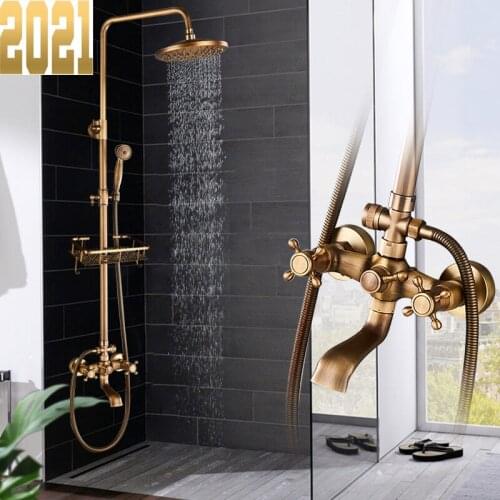 Antique Brass Shower Faucets Set 8'' Rainfall Shower Commodity Shelf Dual Handle Mixer Tap Swivel Tub Spout Bath Shower